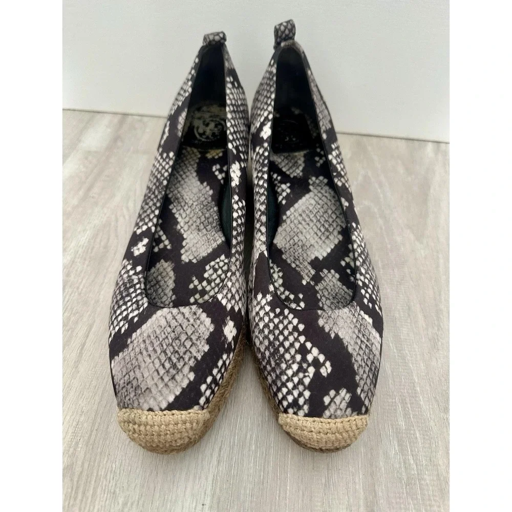 Tory Burch Womens 8.5 Heather Snake Print Wedge Espadrille Black‎ Grey